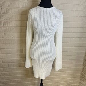 White Fox Boutique Get On Down Knit Mini Dress L Off White Ribbed Long Sleeve